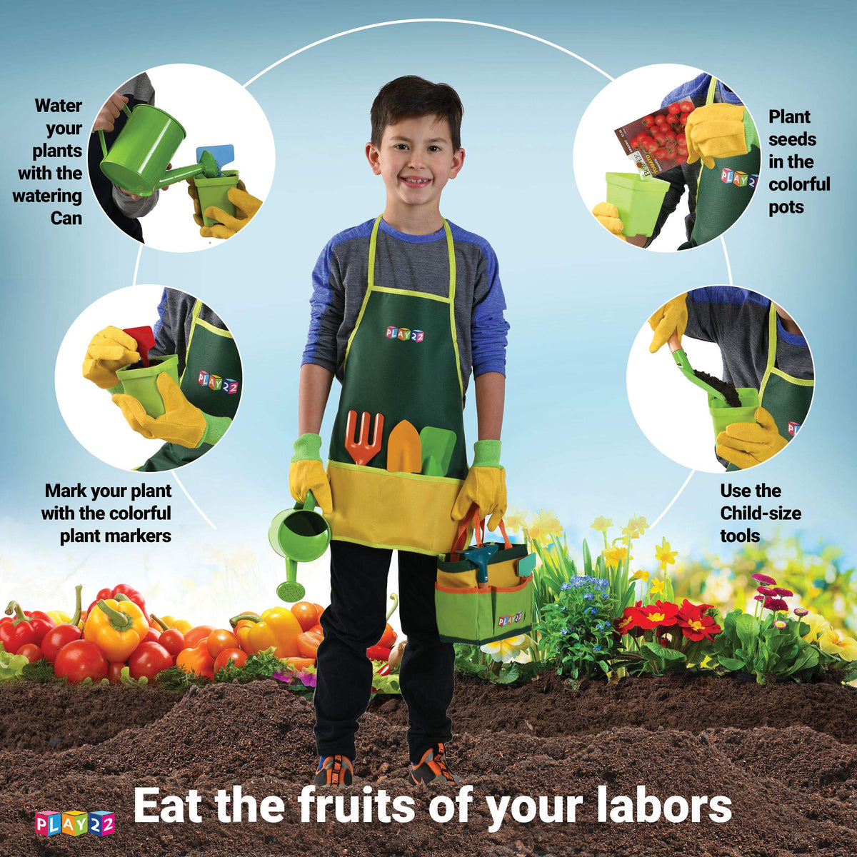 Play22 Kids Gardening Set apron; keeps clothes clean during gardening.