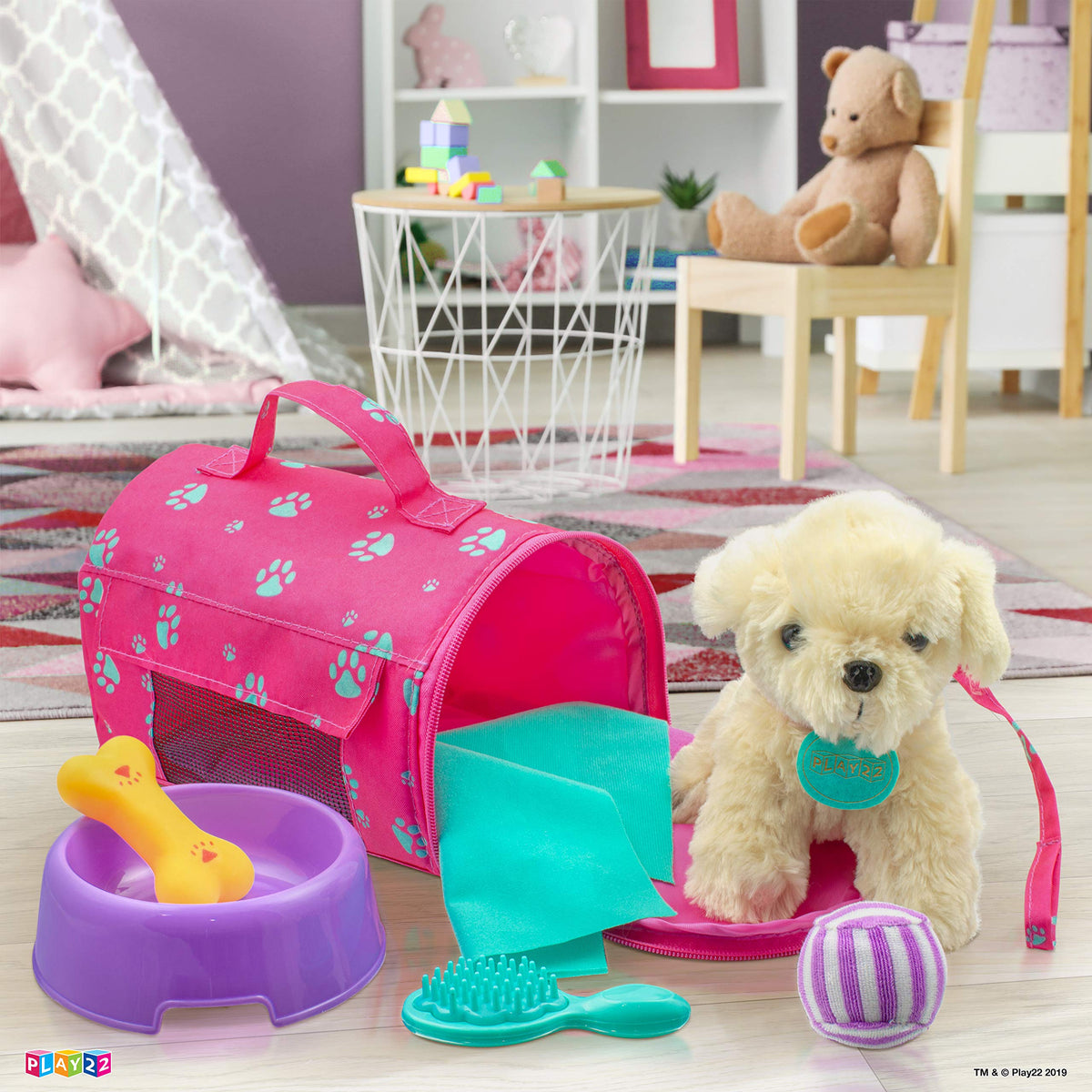 Play22 carrier with see-through window showing the plush pup