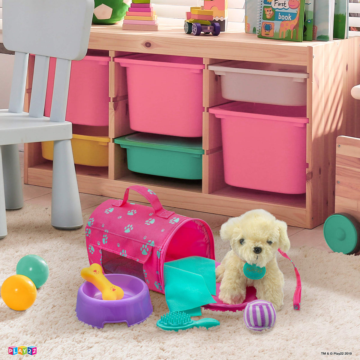 Play22 puppy stands on its own for display and play