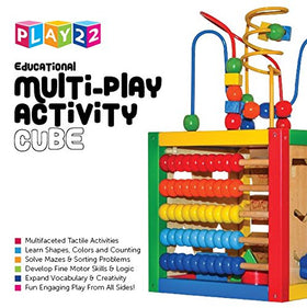 Play22 wooden activity cube compact size measures 8 x 8 x 7 inches for easy storage.