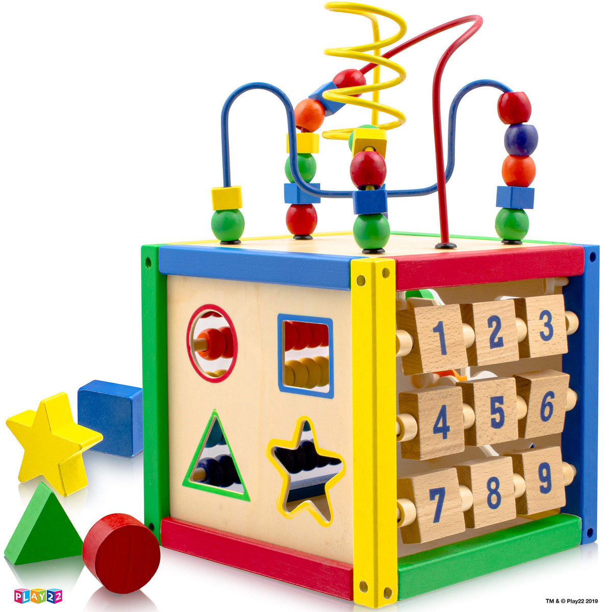 Play22 wooden activity cube removable wire bead maze adds versatile play options.