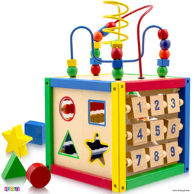 Play22 wooden activity cube removable wire bead maze adds versatile play options.