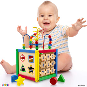 Play22 wooden activity cube shape sorter with four colors enhances early categorization skills.