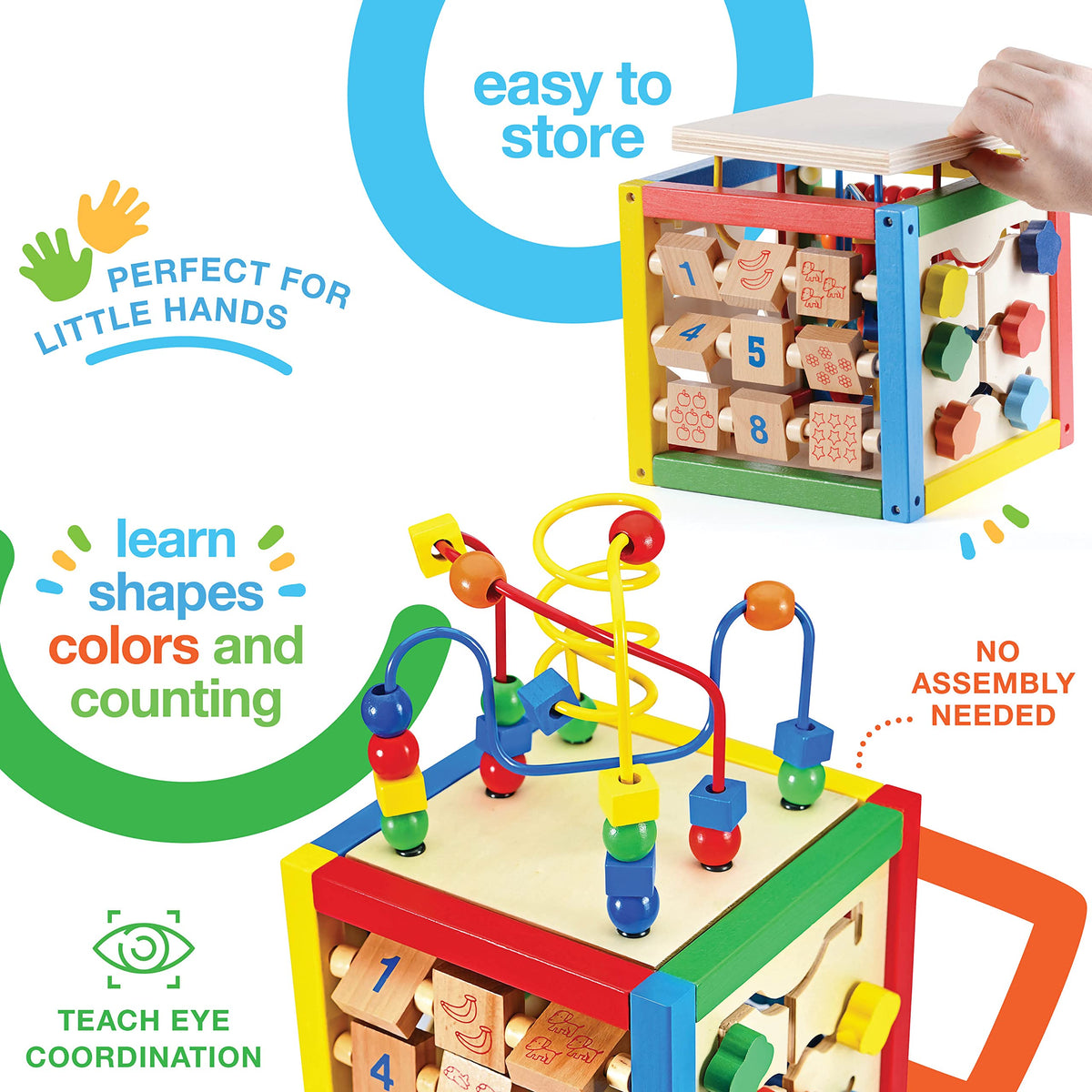 Play22 wooden activity cube sliding shapes fosters problem solving and hand-eye coordination.