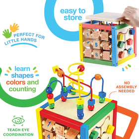 Play22 wooden activity cube sliding shapes fosters problem solving and hand-eye coordination.