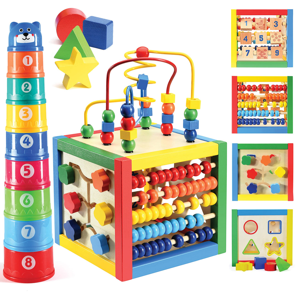 Play22 wooden activity cube includes eight stacking cups for imaginative play.