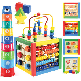 Play22 wooden activity cube includes eight stacking cups for imaginative play.