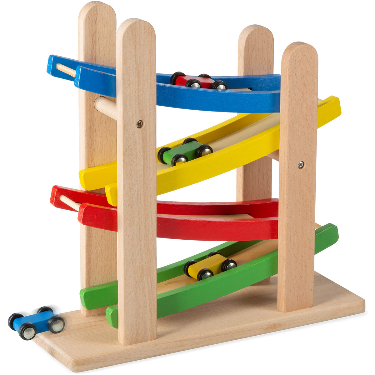 Play22 wooden car ramps four-level setup for imaginative play and hand-eye coordination.
