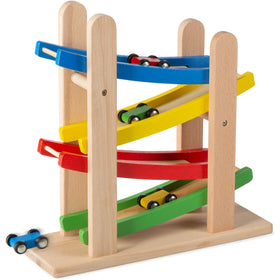 Play22 wooden car ramps four-level setup for imaginative play and hand-eye coordination.