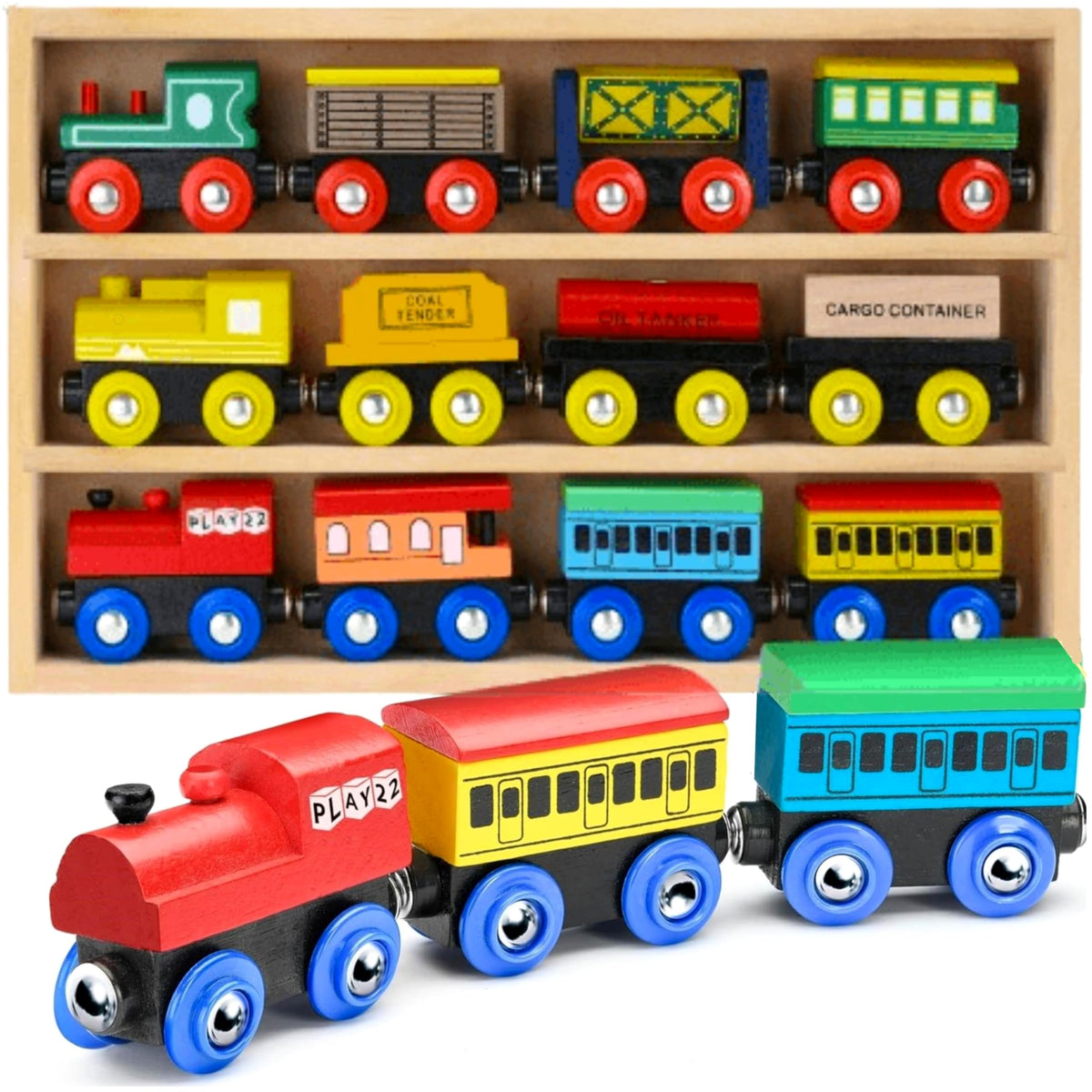 Play22 wooden train engines with magnetic interlocking for easy assembly and imaginative play.