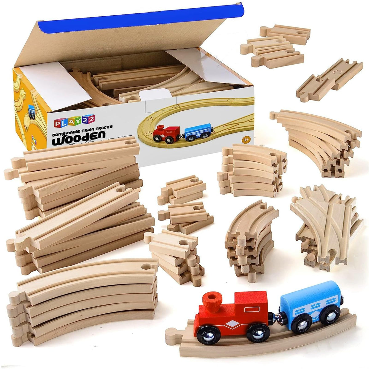 Play22 wooden train tracks 52 pcs set for durable, imaginative play