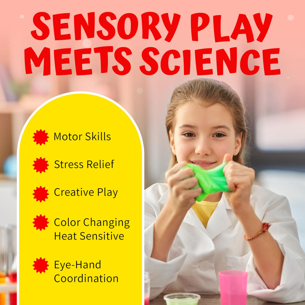Playbees classroom-ready fidget putty shown in use for group activities and desk challenges