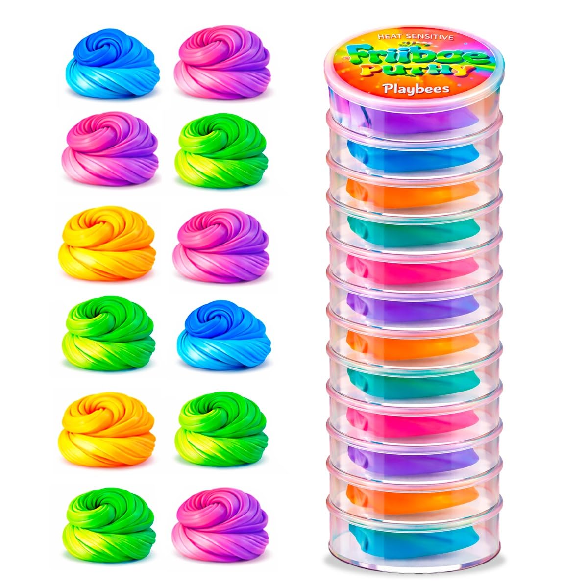 Playbees color changing putty 12-pack front view showing vibrant color shifts for sensory play