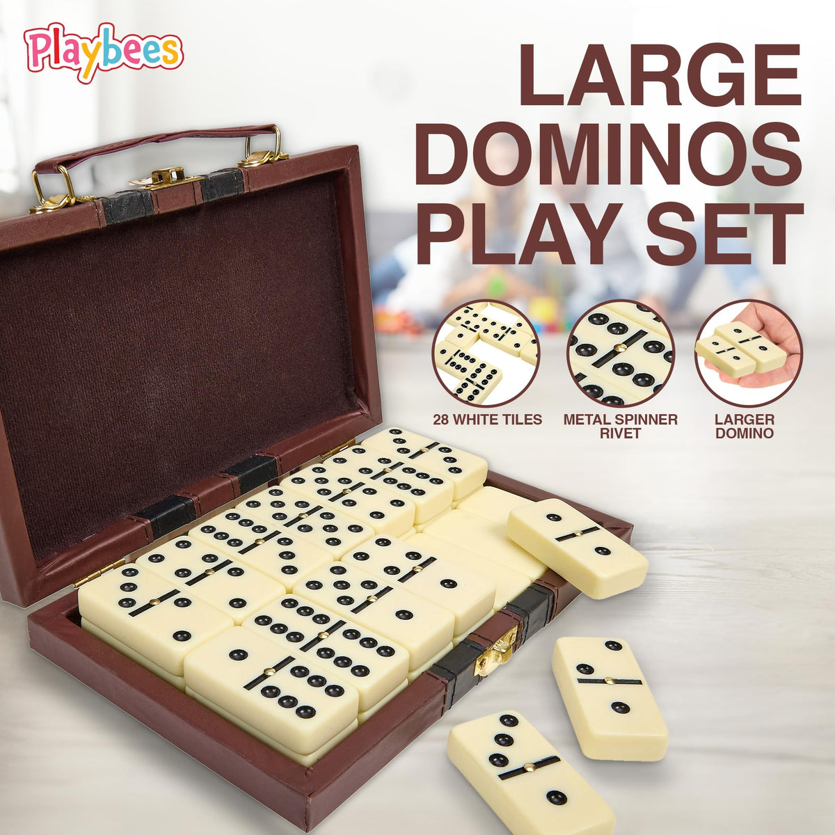 Playbees dominoes case in faux leather with gold hardware for travel storage