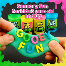Playbees neon blue glow slime barrel for stretchy sensory fun.