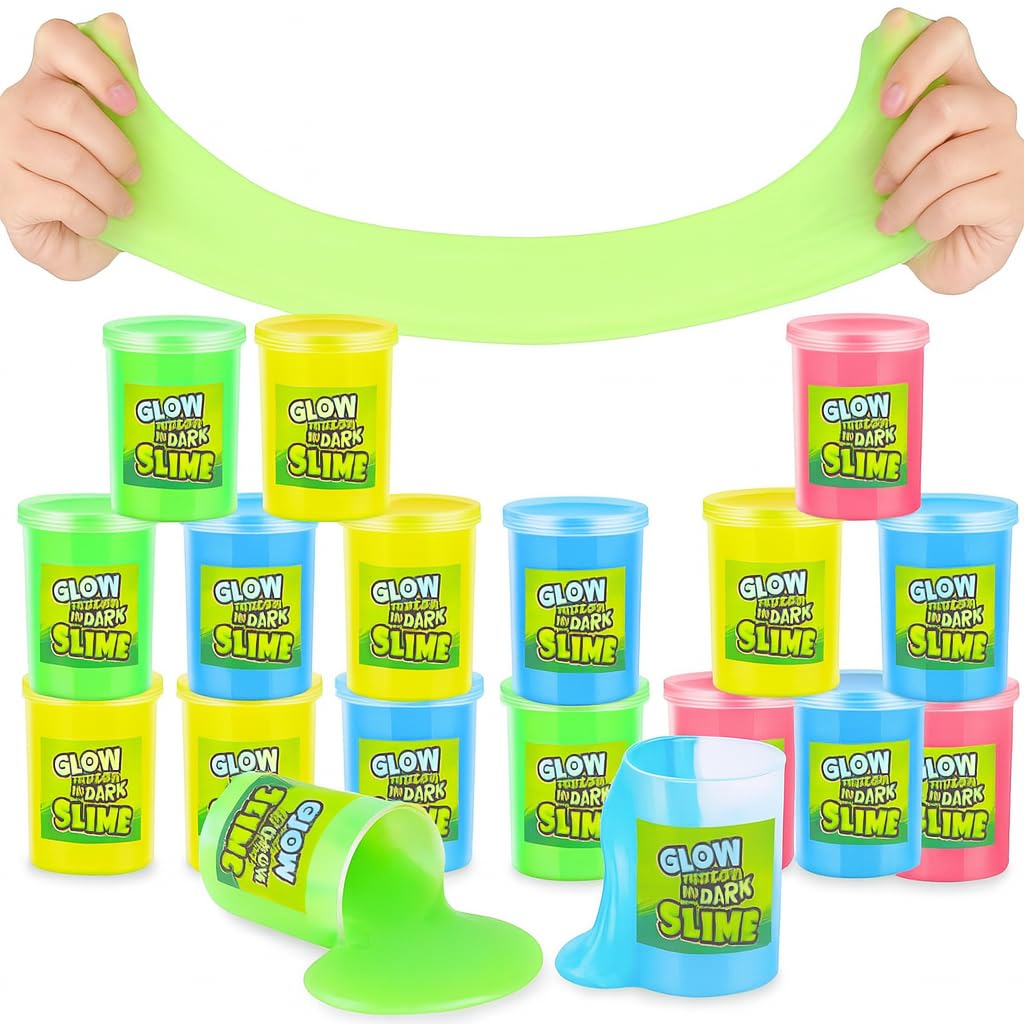 Playbees Glow in the Dark Slime 12-pack display with vibrant neon party colors.
