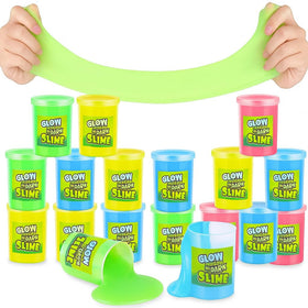 Playbees Glow in the Dark Slime 12-pack display with vibrant neon party colors.