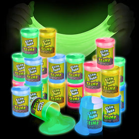 Playbees glow-in-the-dark slime 24-pack glows under light, perfect for after-school fun.