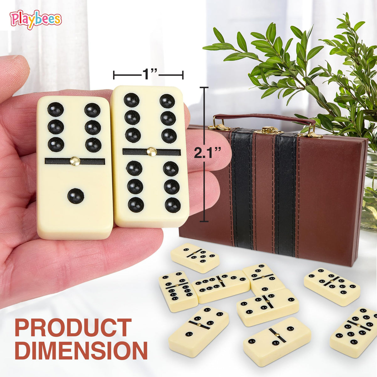 Close-up of Playbees jumbo dominoes with gold spinners for premium detail