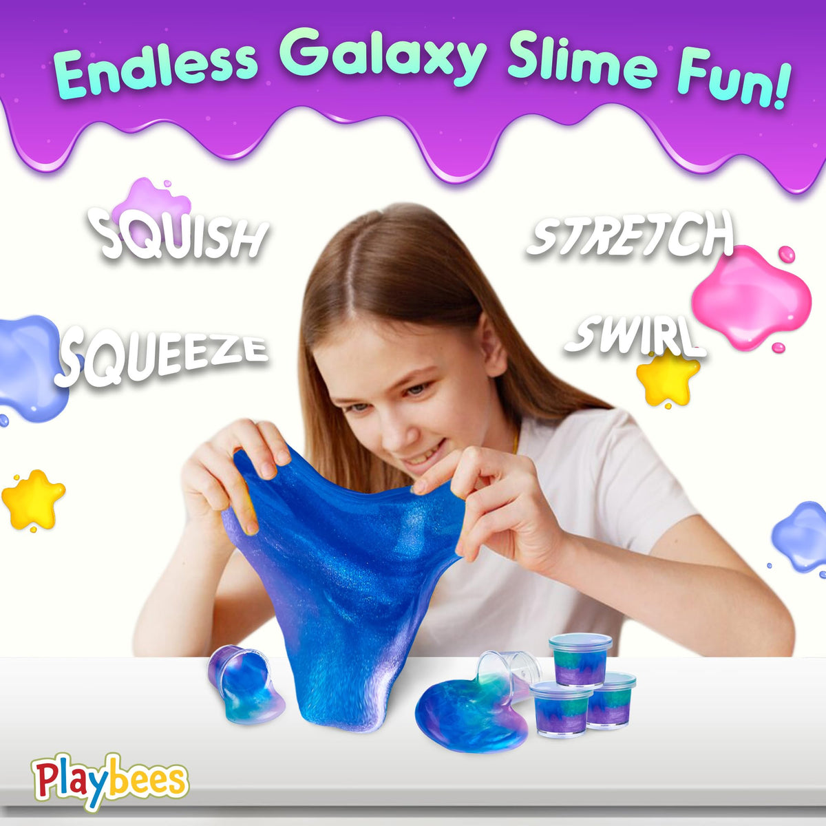 Playbees Mini Galaxy Slime starry-night appearance enhances classroom and party aesthetics.