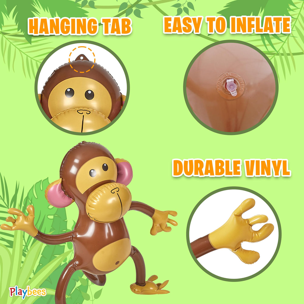 Durable vinyl Playbees monkey decor suited for baby showers.