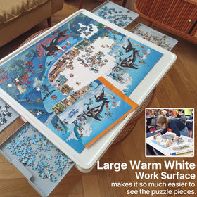 Playboda warm white surface improves piece visibility without glare.