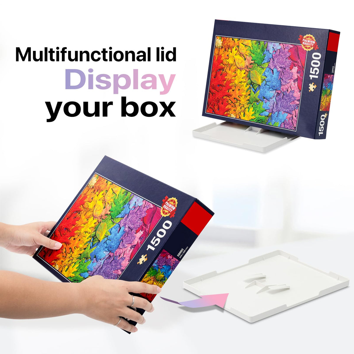 Playboda puzzle trays lid stand in use with reference image visible