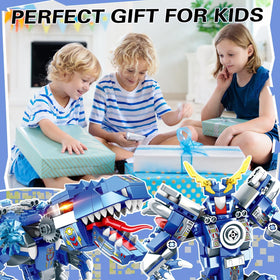 PLAYBRIX dinosaur-mech-in-action: kids play with the blue mech in imaginative scenes.