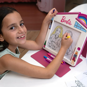Playful Minds Barbie Dreamhouse LED Drawing Pad with backgrounds offers visual prompts to spark storytelling