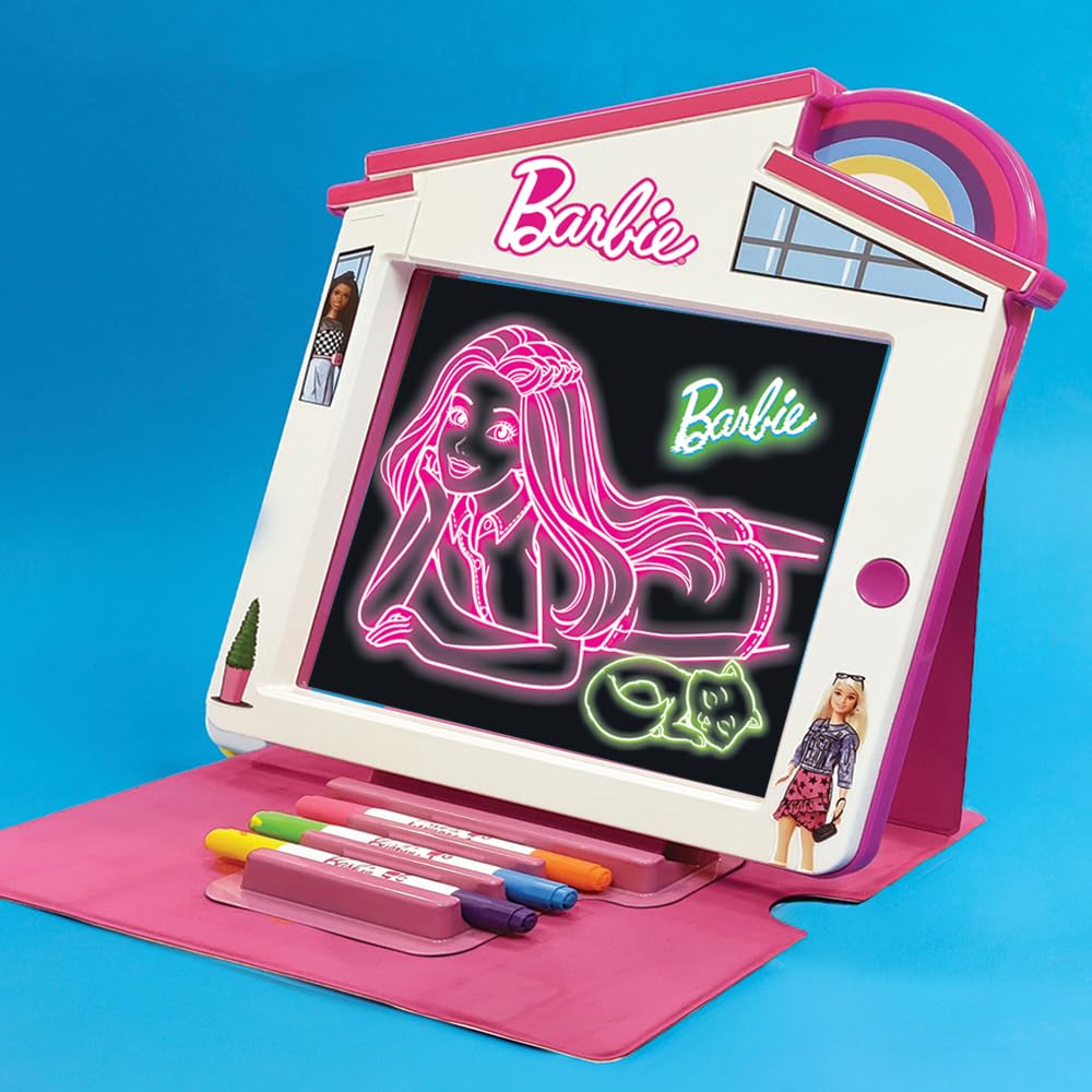 Playful Minds Barbie Dreamhouse LED Drawing Pad featuring double-sided sheets supports varied drawing activities