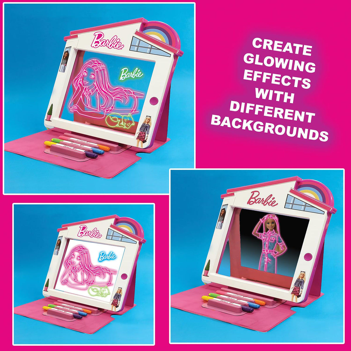 Playful Minds Barbie Dreamhouse LED Drawing Pad magnetic closure keeps essentials secure during travel