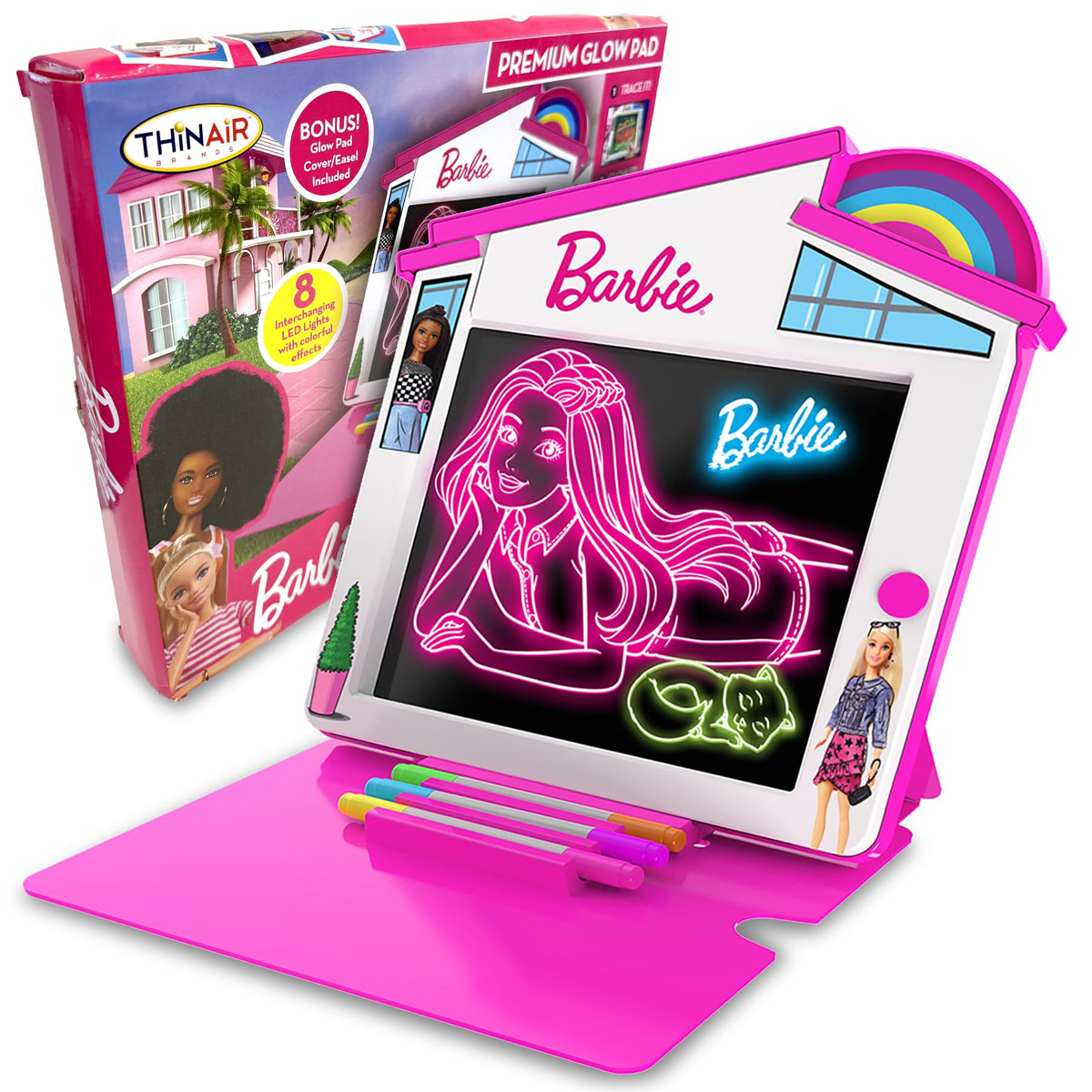 Playful Minds Barbie Dreamhouse LED Drawing Pad open view shows a bright surface ideal for creative tracing