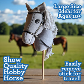 Playful Minds hobby horse head with screw-in stick for compact storage.