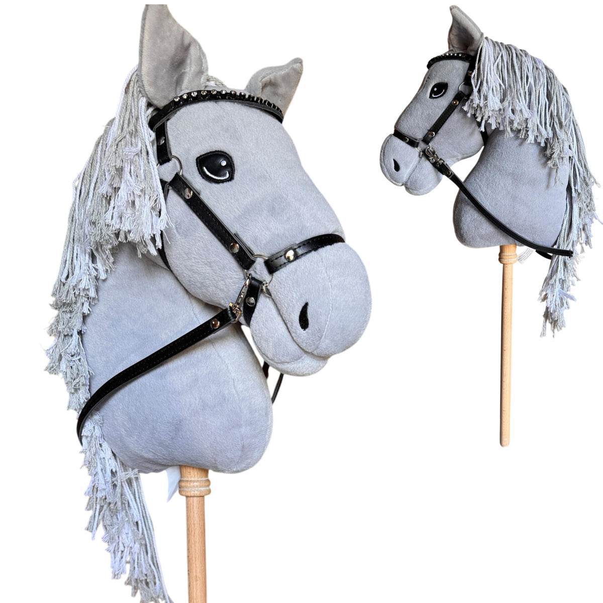 Playful Minds hobby horse head with rhinestone bridle and blue eyes for show-ready play.