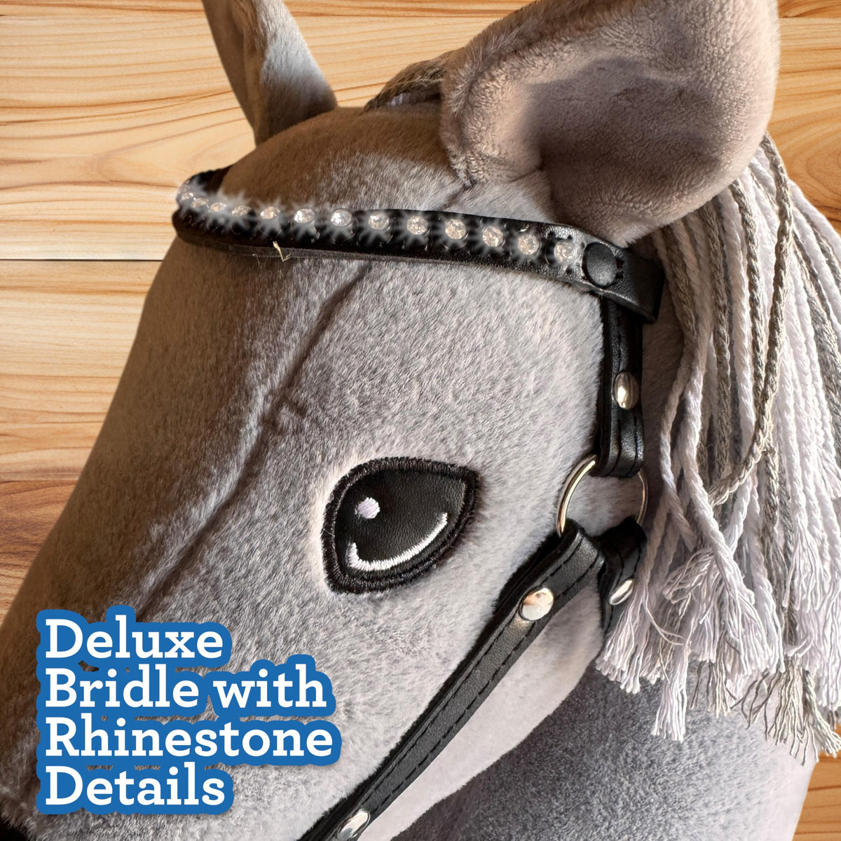 Long plush mane on the Playful Minds grey hobby horse adds realism during play.