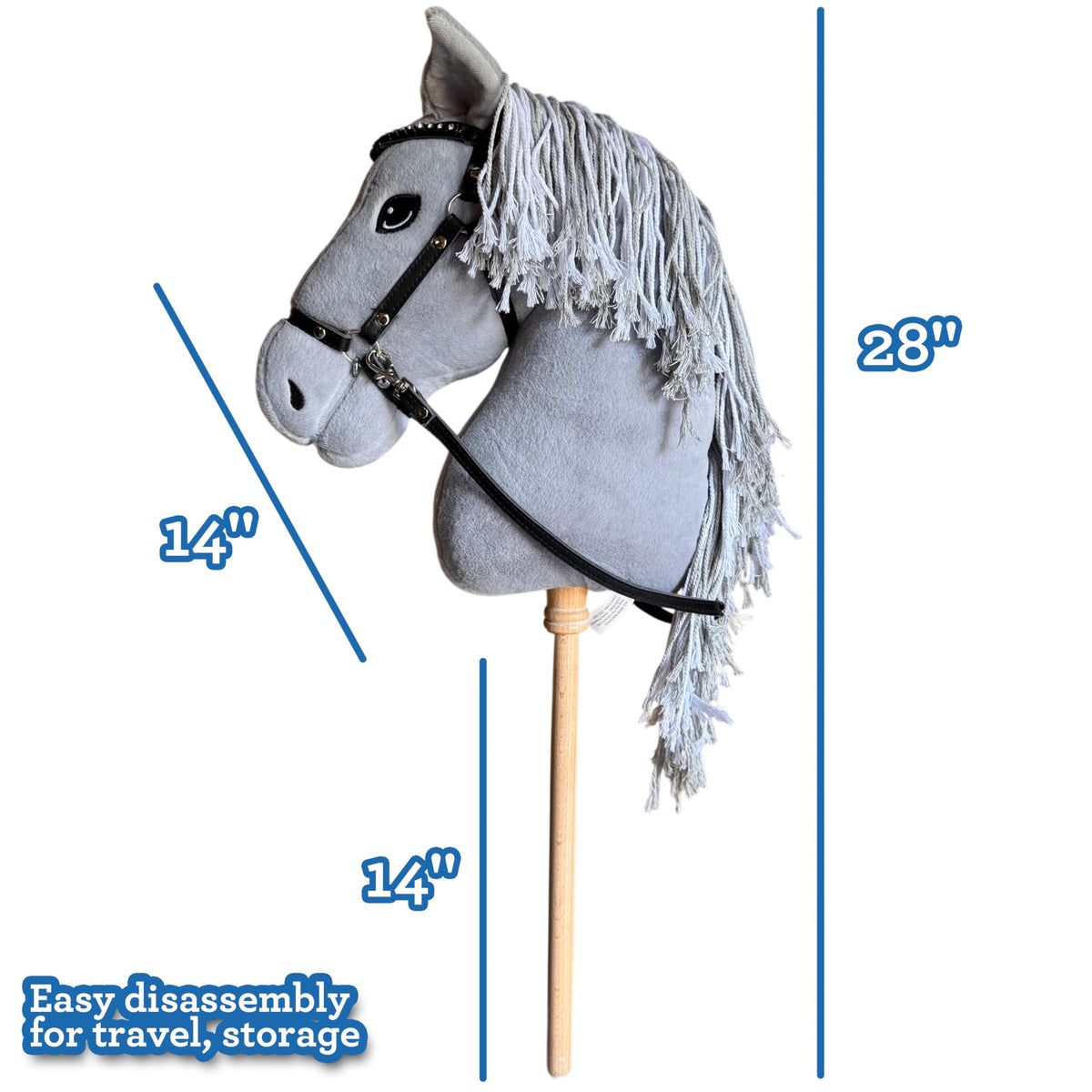 Playful Minds hobby horse with removable reins for flexible display and play.