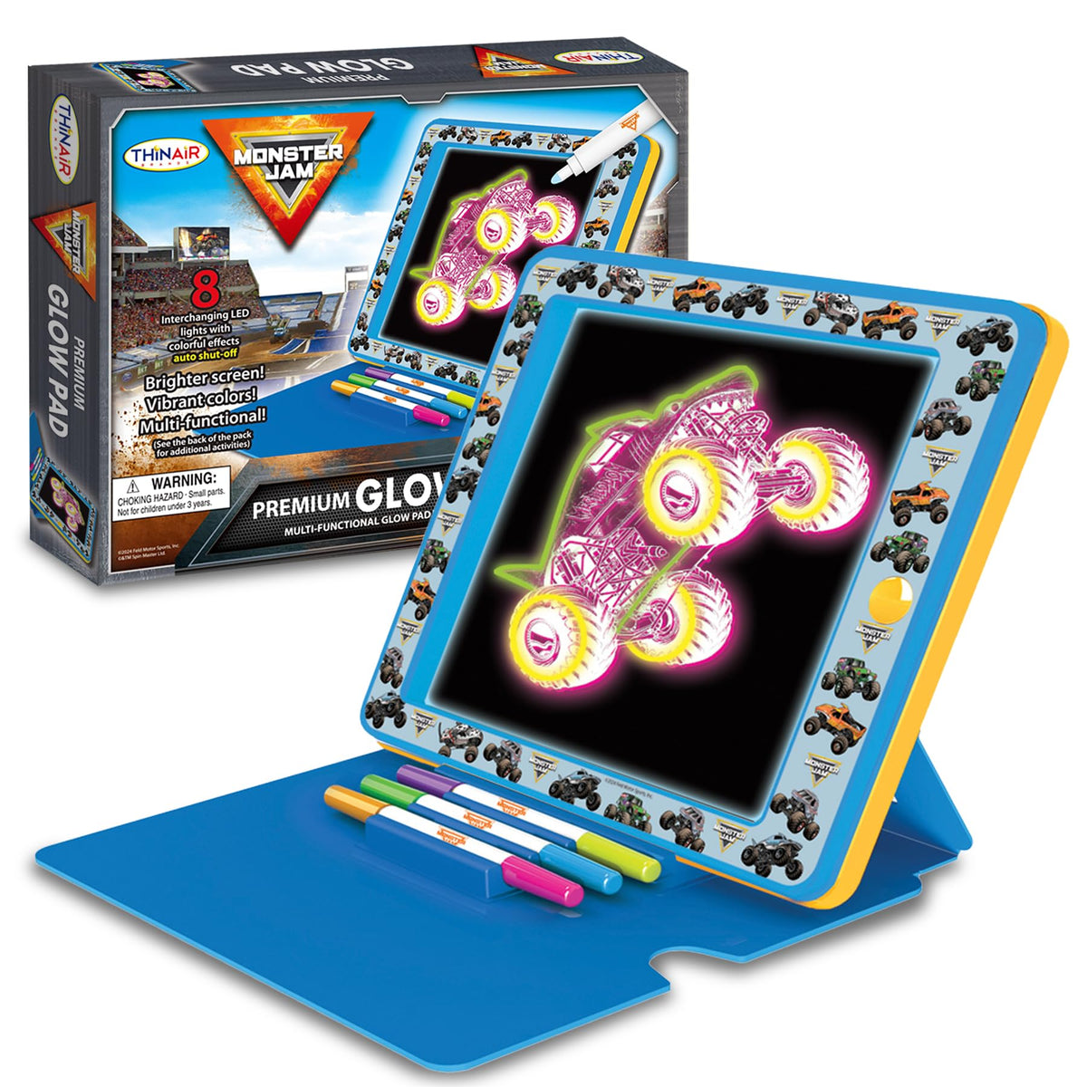 Playful Minds Monster Jam Glow Pad front view with vivid LED drawing surface for kids' art