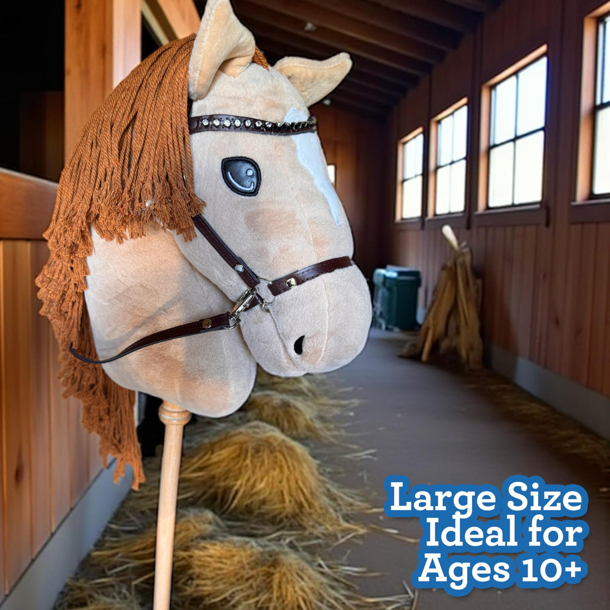 Playful Minds palomino hobby horse blue eyes for realistic styling.