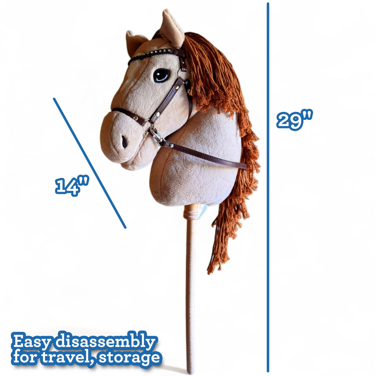 Playful Minds palomino hobby horse rhinestone bridle adds sparkle for events.