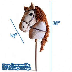 Playful Minds palomino hobby horse rhinestone bridle adds sparkle for events.