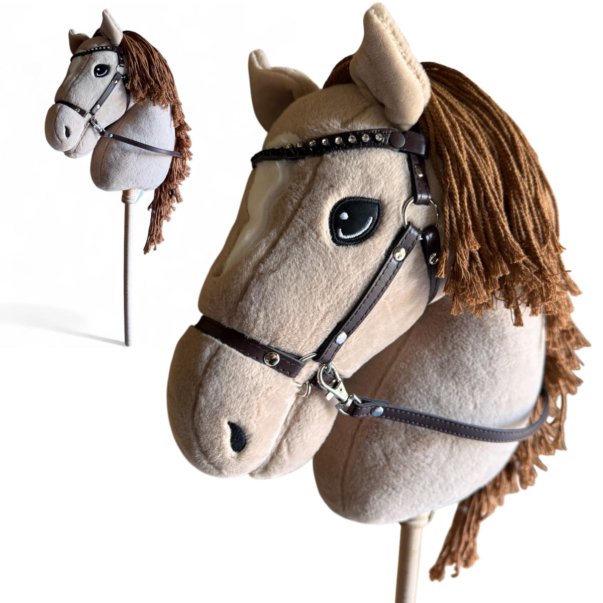 Playful Minds palomino hobby horse head with plush detail for safe pretend play.
