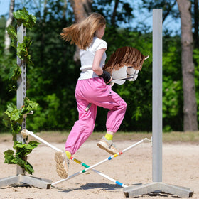 Playful Minds palomino hobby horse mane flowing for dynamic pretend riding.