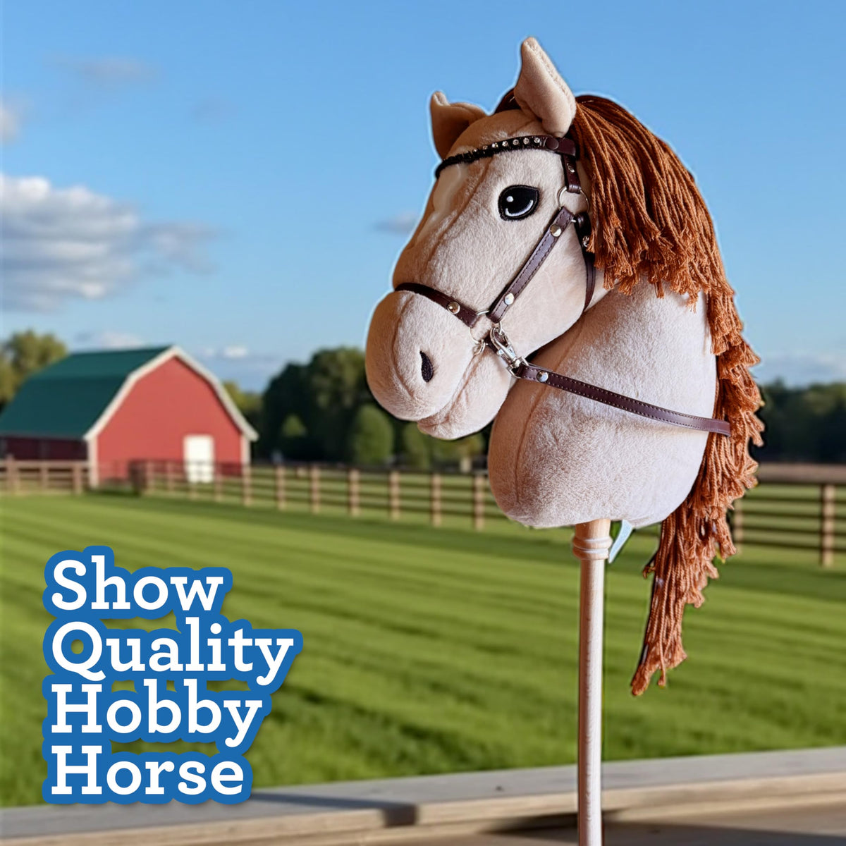 Playful Minds palomino hobby horse removable reins for display or play.