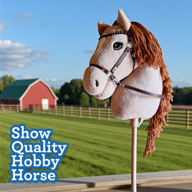 Playful Minds palomino hobby horse removable reins for display or play.