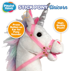 Playful Minds sturdy wooden stick with plush horse head for durable play sessions.