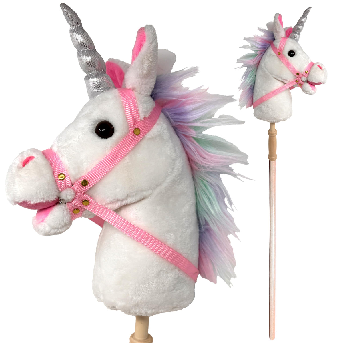 Playful Minds unicorn head stick horse, plush and inviting for imaginative play.