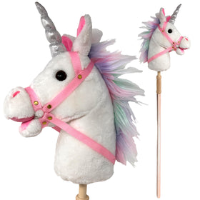 Playful Minds unicorn head stick horse, plush and inviting for imaginative play.