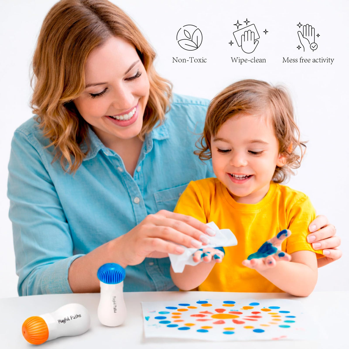 Playful Paths ergonomic bell-shaped markers help tiny hands grip and control.
