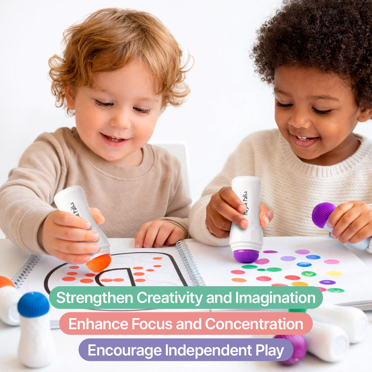 Playful Paths washable ink wipes away easily from hands and surfaces.