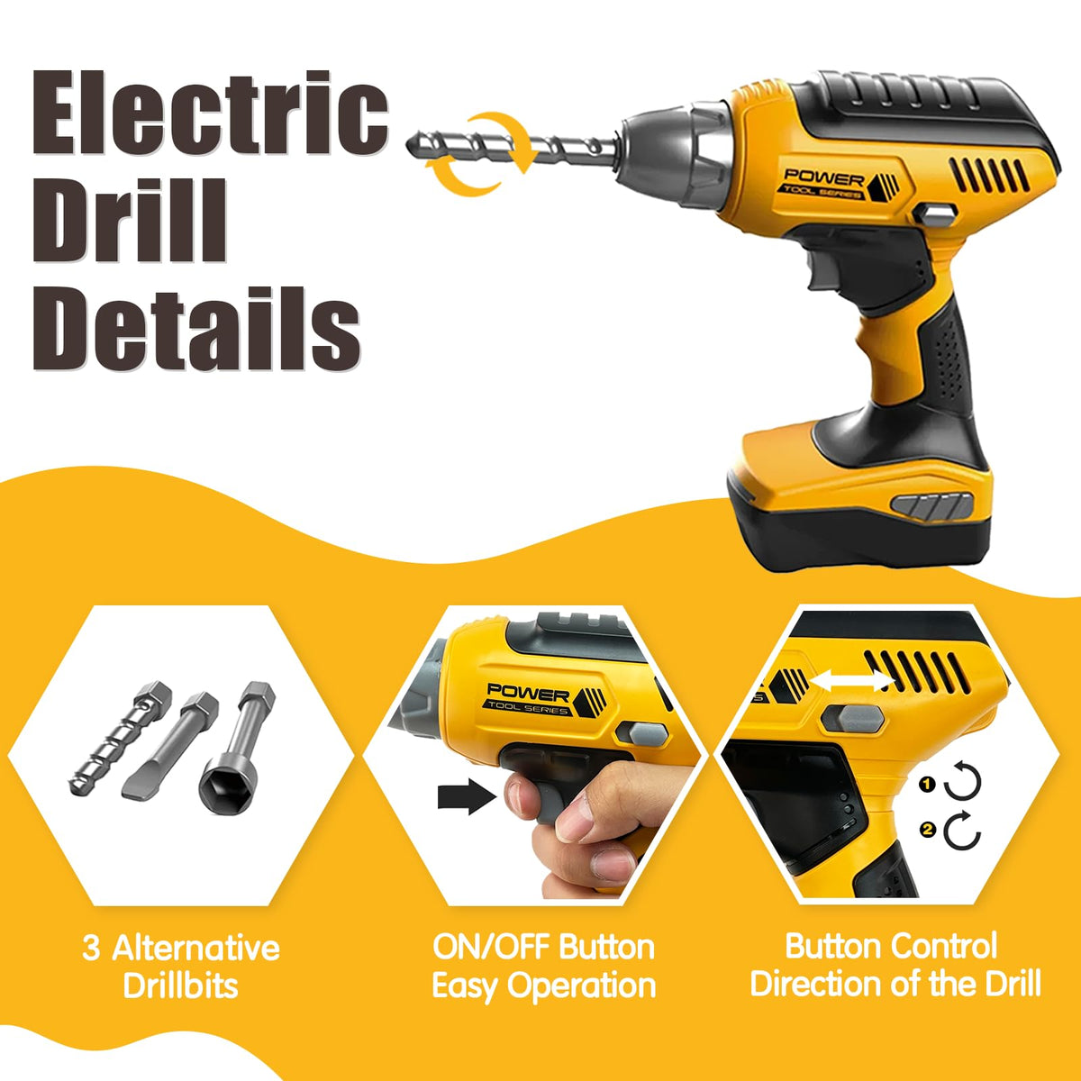 Playhiland interchangeable bits for pretend drill, enabling varied construction play.